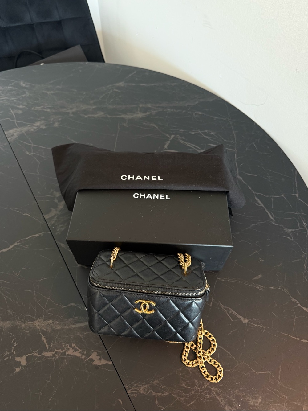 CHANEL Black Quilted Vanity Case with Gold Chain